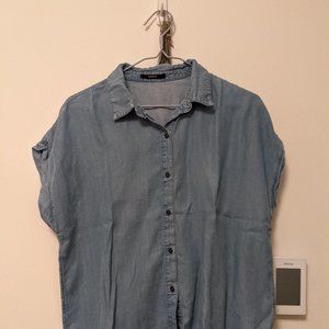 Slanted Sleeved Blue Denim Button Down Shirt